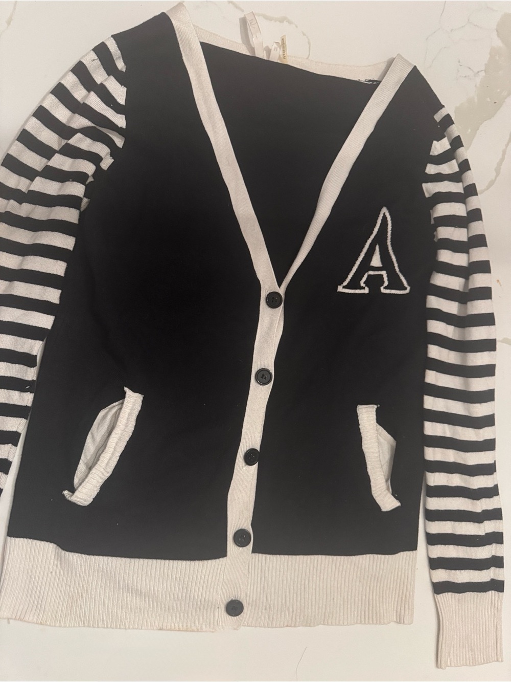Black and White Striped-Sleeve Cardigan Sweater - A Patch